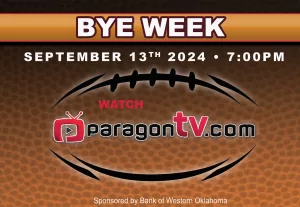 Bye week announcement banner for Merritt football featuring a stylized football and barbed wire design with event details.