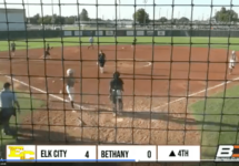 A softball game in progress, viewed through a net, with players on the field. The score shows Elk City 4, Bethany 0, in the 4th inning.