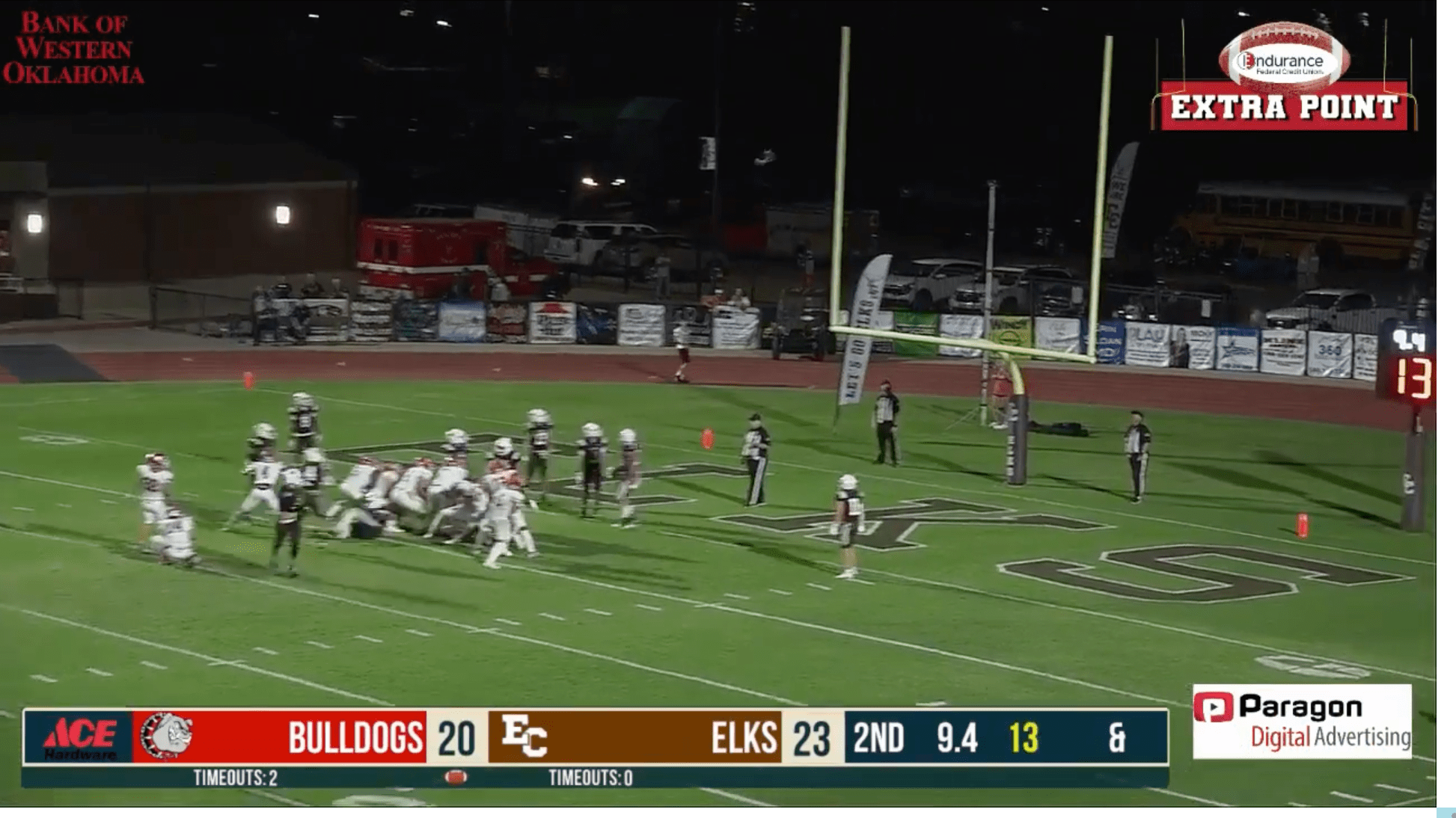 Cache Bulldogs extra point attempt after scoring a touchdown against the Elk City Elks, narrowing the score to 23-20.