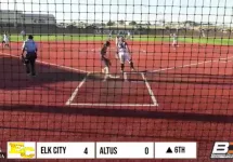 Softball game between Elk City and Altus during the 6th inning, with Elk City leading 4-0 in the regional tournament.