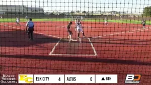 Softball game between Elk City and Altus during the 6th inning, with Elk City leading 4-0 in the regional tournament.