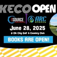 KECO Open 2025 registration announcement featuring the event date, June 28, 2025, at Elk City Golf & Country Club, with sponsors 1Source Control Products LLC and ARC Energy.