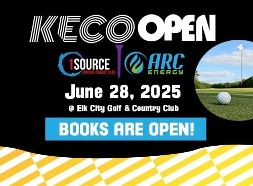 KECO Open 2025 registration announcement featuring the event date, June 28, 2025, at Elk City Golf & Country Club, with sponsors 1Source Control Products LLC and ARC Energy.