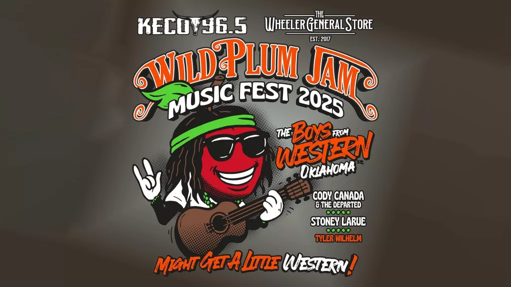 Wild Plum Jam Music Fest 2025 illustrated poster featuring a red plum with dreadlocks and sunglasses playing guitar, with artist lineup including Cody Canada, Stoney LaRue, and Tyler Wilhelm.