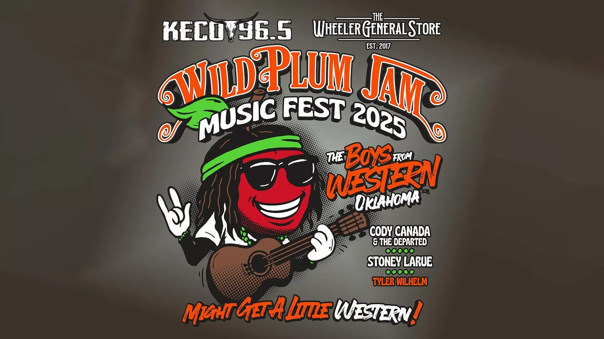Wild Plum Jam Music Fest 2025 illustrated poster featuring a red plum with dreadlocks and sunglasses playing guitar, with artist lineup including Cody Canada, Stoney LaRue, and Tyler Wilhelm.