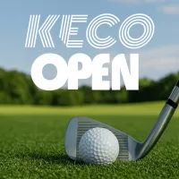 Golf ball and club on course with KECO Open 2025 logo overlay