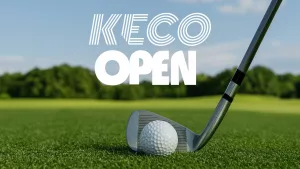 Golf ball and club on course with KECO Open 2025 logo overlay