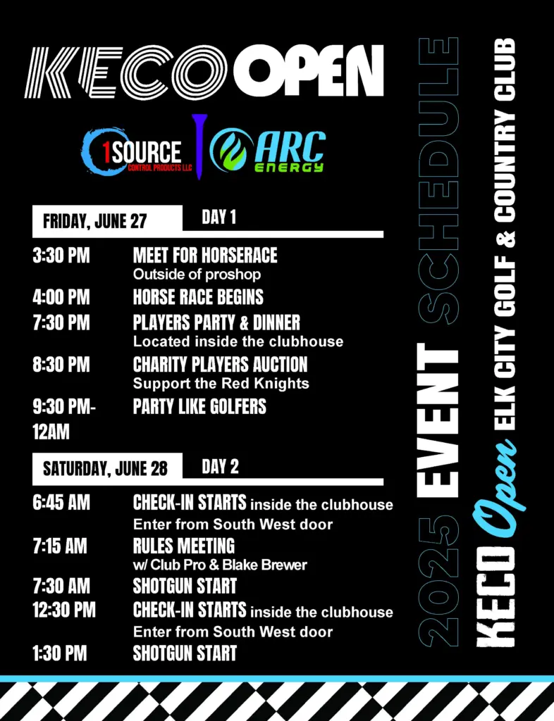  Full schedule of events for the 2025 KECO Open golf tournament, including June 27 horse race, party, auction, and June 28 shotgun start times.