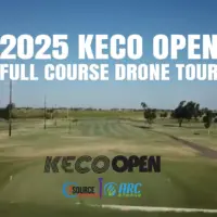 Drone view of Elk City Golf & Country Club with text overlay reading “2025 KECO Open – Full Course Drone Tour” and sponsor logos for 1Source and ARC Energy.
