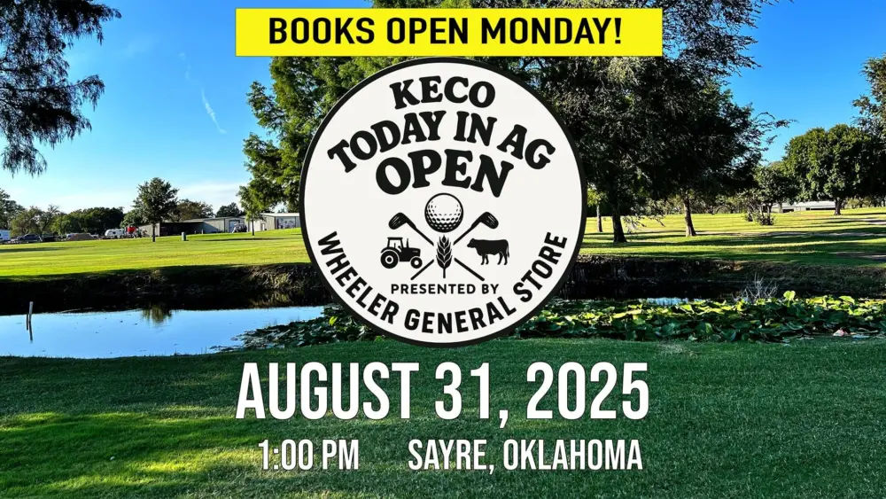 Golf course pond and trees in Sayre, Oklahoma with KECO Today in Ag Open logo and event date, August 31, 2025, displayed