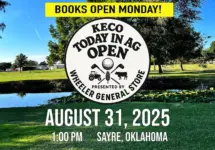Golf course pond and trees in Sayre, Oklahoma with KECO Today in Ag Open logo and event date, August 31, 2025, displayed
