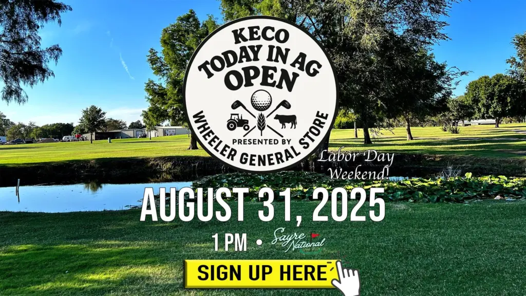 Golf course in Sayre, Oklahoma with KECO Today in Ag Open logo and text overlay reading “Books Are Open” and event date August 31, 2025