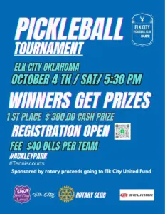 Flyer for the Elk City Pickleball Tournament on October 4, 2025, at Ackley Park Tennis Courts