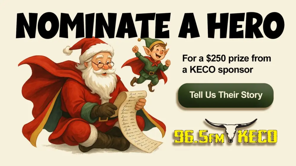 Santa and an elf wearing capes with a “Nominate a Hero” headline, $250 prize note, and the 96.5FM KECO logo.