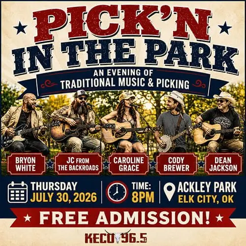 Pick'n in the Park 2026 featuring Bryon White, JC From The Backroads, Cody Brewer, Caroline Grace, and Dean Jackson at Ackley Park in Elk City, Oklahoma on July 30, 2026.