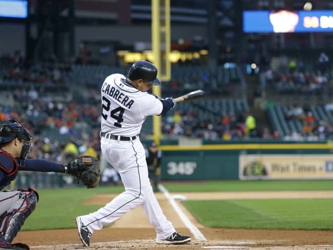 Detroit Tigers' Miguel Cabrera hits a two-run home run during the first inning of a baseball game against the Minnesota Twins in Detroit, Thursday, May 23, 2013. (AP Photo/Carlos Osorio) ORG XMIT: otkco103