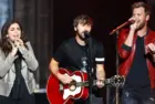 (L-R) Hillary Scott^ Dave Haywood and Charles Kelley of Lady A perform during the You Look Good World Tour at Jones Beach Theatre on July 14^ 2017 in Wantagh^ New York.
