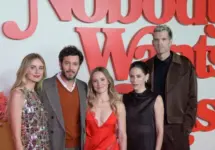 Justine Lupe^ Adam Brody^ Kristen Bell^ Jackie Tohn and Timothy Simons at the Season 2 premiere for "Nobody Wants This" LOS ANGELES^ USA. October 16^ 2025