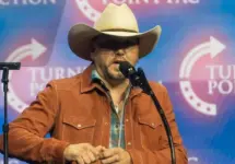 Jason Aldean speaks at a Donald Trump election rally at the Gas South Arena in Duluth^ Georgia. Duluth^ Georgia^ October 23^ 2024