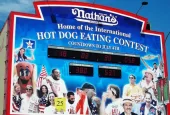 Nathan's hot dog eating contest countdown clock at Coney Island^ New York. The original Nathan's still exists on the same site that it did in 1916. BROOKLYN^ NEW YORK