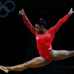 RIO DE JANEIRO^ BRAZIL 08042016: Simone Biles at the Rio 2016 Summer Olympic Games artistic gymnastics. Athlete of team USA performs a training session prior to the medal competition