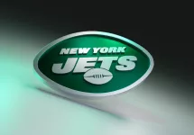 New York Jets logo on dark background with shiny details. 3D render.