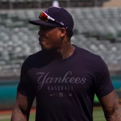 Aroldis Chapman of the New York Yankees before game against the Oakland Athletics at RingCentral Coliseum. Oakland^ California - August 28^ 2021