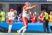 KC Chiefs tie end Travis Kelce #87 celebrates their touchdown against the LA Chargers during an NFL football game at SoFi Stadium^ Aug. 17^ 2024^ in Inglewood^ Calif.