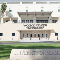 stone sign greets visitors to the University of Miami and Watsco Center which is home to the University of Miami Hurricanes basketball teams.