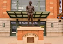 Bob Uecker statue in front of the ticket windows at Miller Park. Milwaukee^ Wisconsin / USA - April 6^ 2019