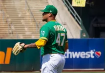 Frankie Montas #47 of the Oakland Athletics pitches against the New York Yankees at RingCentral Coliseum. Oakland^ California - August 28^ 2021