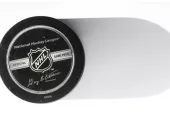 Official game puck from NHL^ National hockey league^ USA. MOTALA^ SWEDEN- 8 FEBRUARY 2022