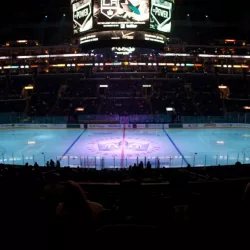 pro ice hokey rink lit up at nighttime