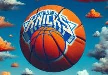 NY KNICKS LOGO on basketball floating in a AI GENERATED photo of clouds. Orange^ white and blue skies. Basketball theme. some clouds in the shape of basketballs^ some regular. New York knicks orange and blue colors