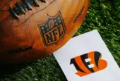 Cincinnati Bengals NFL team Logo and American football ball on Green Grass. CINCINNATI^ USA^ FEBRUARY 10^ 2025