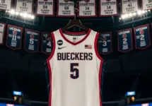 Former UCONN standout Paige Bueckers jersey #5 hanging in the Uconn arena