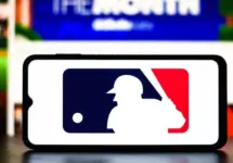 Selective focus of the MLB (Major League Baseball) logo. It is the premier professional baseball league in North America