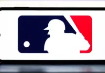 Selective focus of the MLB logo. It is the premier professional baseball league in North America^ featuring top players and teams: