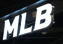 MLB (Major League Baseball) brand logo store sign close up