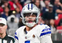 Dallas Cowboys quarterback Dak Prescott (4) looks to throw the ball against the Atlanta Falcons on November 3^ 2024 at Mercedes-Benz Stadium. ATLANTA^ GA-NOV 3