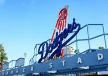 Dodger Stadium. Closeup of the baseballs teams logo at the Centerfied entrance. LOS ANGELES^ CALIFORNIA^ 29 JUNE 2021