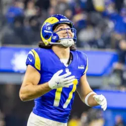 Los Angeles Rams wide receiver Puka Nacua #17 celebrates after the team defeated the Arizona Cardinals during an NFL football game at SoFi Stadium^ Dec. 28^ 2024^ in Inglewood^ Calif.