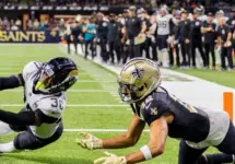 30 MONTARIC BROWN 12 CHRIS OLAVE JACKSONVILLE JAGUARS VS NEW ORLEANS SAINTS WEEK 7 OCTOBER 19^ 2023 CAESARS SUPERDOME NEW ORLEANS LOUISIANA