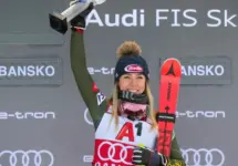 Mikaela Shiffrin (USA) takes 1st place during a women's World Cup Super-G in Bansko JANUARY 26^ 2020 ^ Bulgaria BANSKO^ BULGARIA - JANUARY 26^ 2020