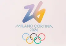 Milano Cortina 2026 Olympic Games logo with the number 26 and colorful Olympic rings displayed prominently on a white background Cortina^ Italy - January 27^ 2026