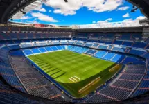 Panoramic view of Santiago Bernabéu Stadium pitch and stands during Tour del Bernabéu. Madrid^ Spain - April 24^ 2016
