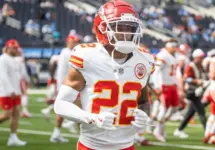 KC Chiefs cornerback Trent McDuffie #22 warms up prior to an NFL football game against the LA Chargers at SoFi Stadium^ Aug. 17^ 2024^ in Inglewood^ Calif.