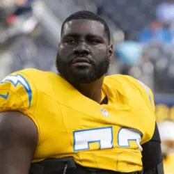 Los Angeles Chargers guard Mekhi Becton Sr. #73 warms up prior to an NFL football game against the Indianapolis Colts at SoFi Stadium^ Oct. 19^ 2025^ in Inglewood^ Calif.