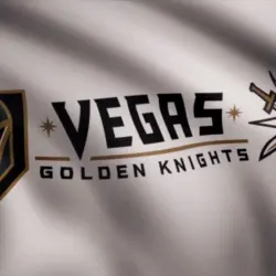Waving flag with Vegas Golden Knights NHL hockey team logo. Close-up of waving flag with Vegas Golden Knights NHL hockey team logo^ seamless loop. Editorial footage