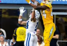 Indianapolis Colts Alec Pierce #14 during an NFL football game at SoFi Stadium^ Oct. 19^ 2025^ in Inglewood^ Calif.